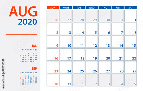 August 2020 Calendar Planner - vector illustration. Template. Mock up.