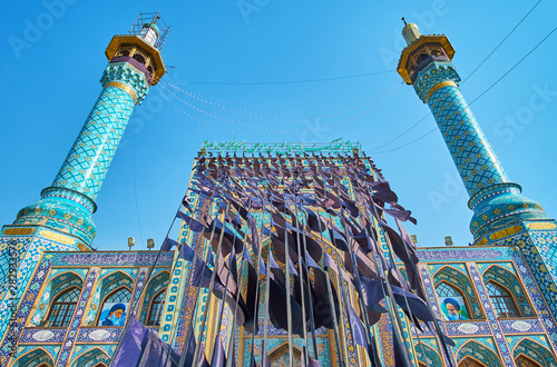 Ashura flags in Tajrish Square and on Imamzadeh Saleh Holy Shrine, Tehran, Iran photo