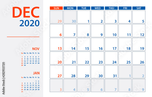 December 2020 Calendar Planner - vector illustration. Template. Mock up.