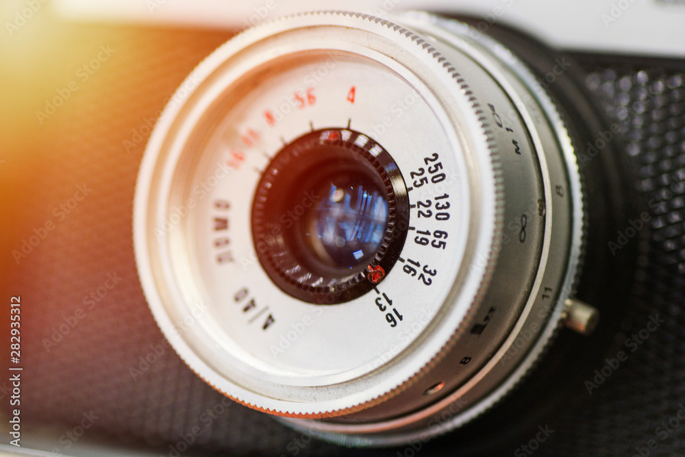 Vintage camera lens close-up. Close up photo of old camera lens