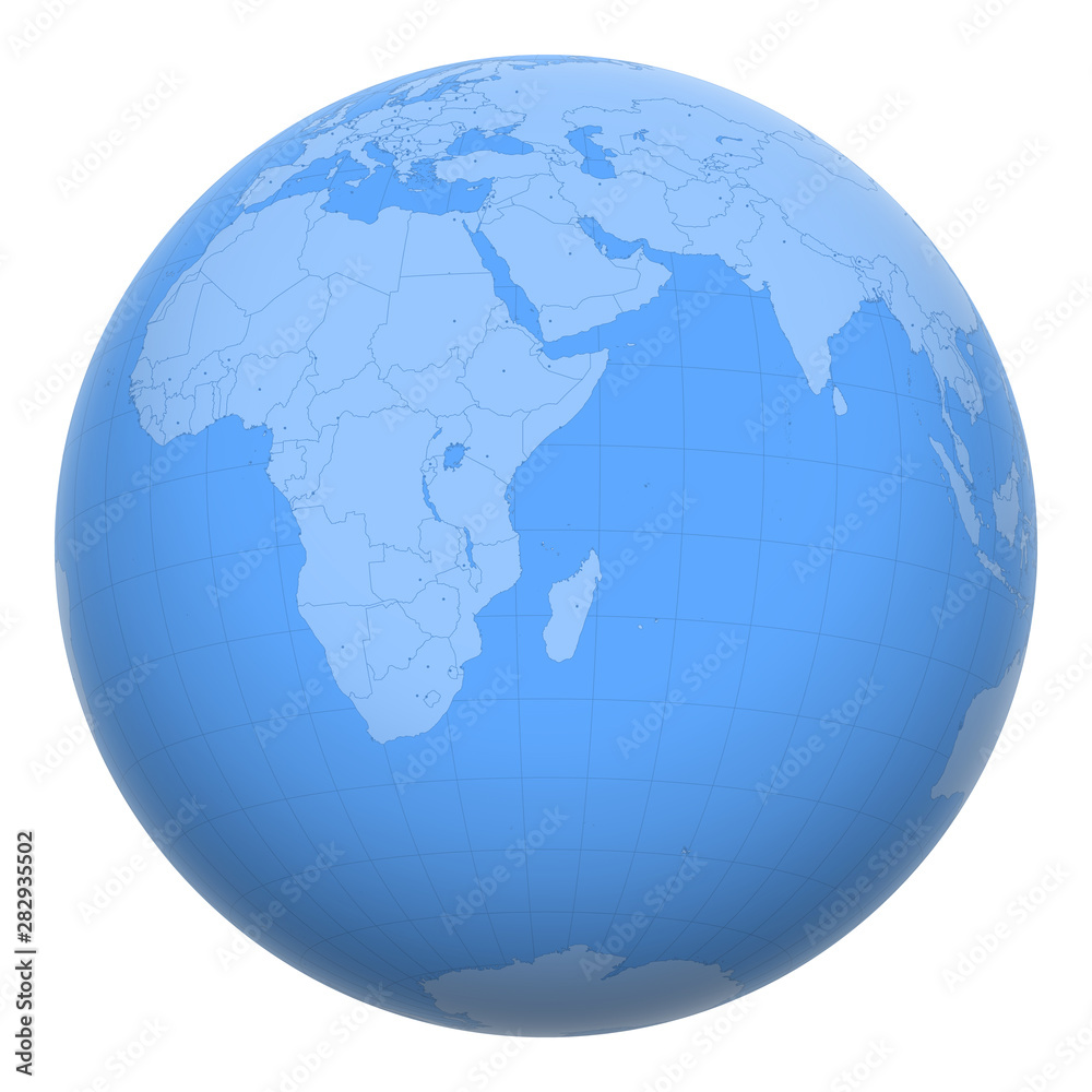 Comoros on the globe. Earth centered at the location of the Union of the Comoros. Map of Comoros. Includes layer with capital cities.