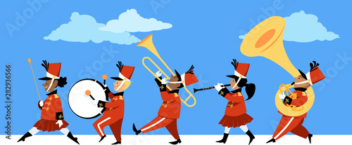 Cute children playing instruments in a marching band parade, EPS 8 vector illustration	 photo
