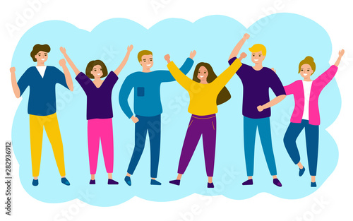 Happy people have fun. Group of young men and women rejoice in victory. One team, partners, friends, buddies. Vector illustration