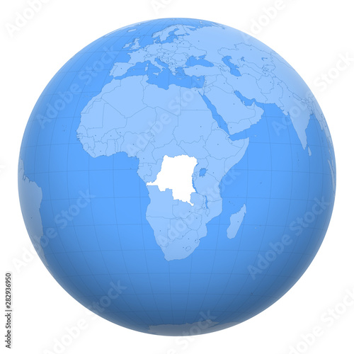 Democratic Republic of the Congo (DRC, DROC, Congo-Kinshasa) on the globe. Earth centered at the location of the Congo. Map of East Congo. Includes layer with capital cities.