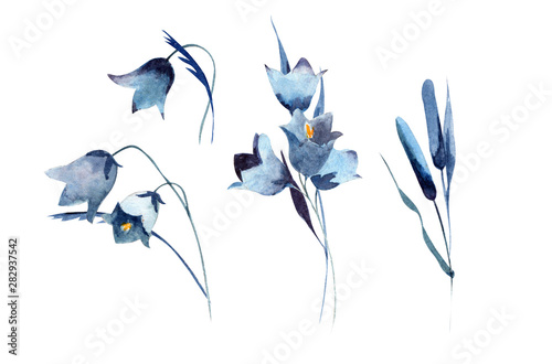 Fototapeta Naklejka Na Ścianę i Meble -  Hand-drawn flower watercolor illustration. Set of cute delicate bouquets of blue bells and herb isolated on white background. Illustration for design, card, background or print.