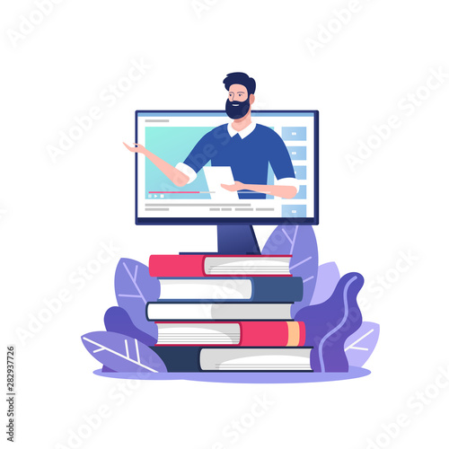 Online education or business training. Pile of books and computer with mentor. Vector illustration for mobile and web graphics.