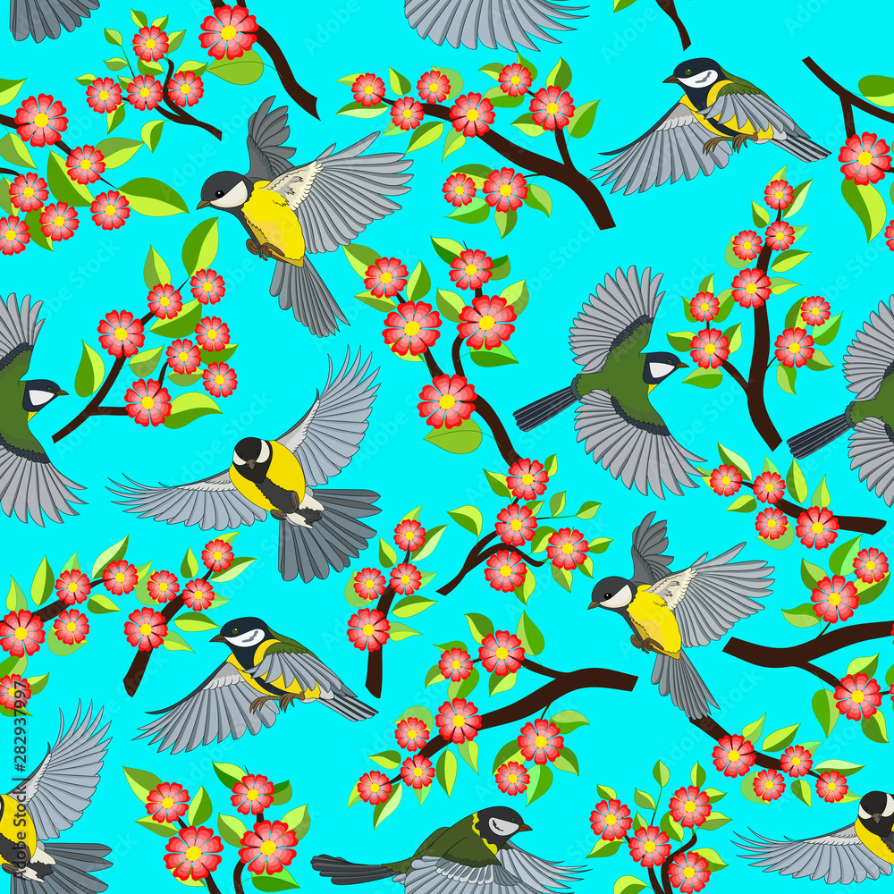 Seamless pattern, birds in flight and flowering branches on a light blue background