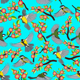 Seamless pattern, birds in flight and flowering branches on a light blue background