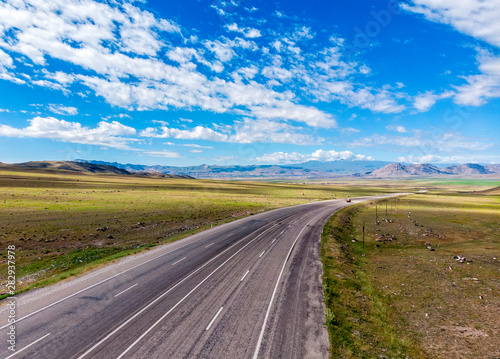 Aerial view of the road leading to Dogubayazit from Igdir. Plateau around Mount Ararat, mountains and hills. Eastern Turkey on the border with Armenia and Iran