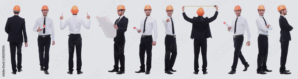 panoramic photo collage of confident architect isolated on white panoramic photo collage of confident architect isolated on white