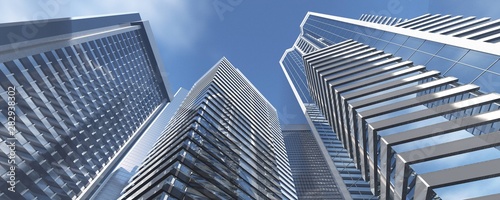 Photography Beautiful skyscrapers bottom view on sky background, 3D rendering