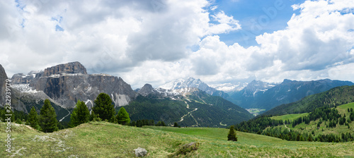 Panoramic view at the Sella group and Marmolada mountain. Dolomites, Trentino Alto-Adige