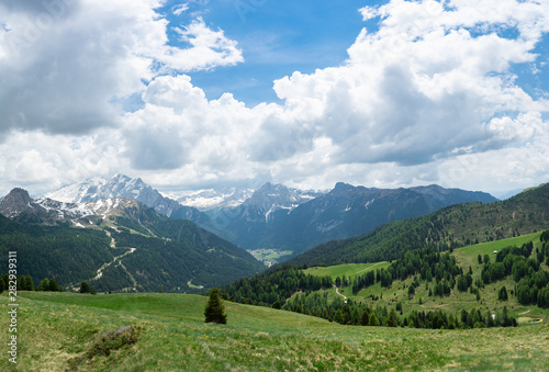 Beautiful view of Dolomites and Fassa Valley from Sella Pass. Italian Alps  South Tyrol