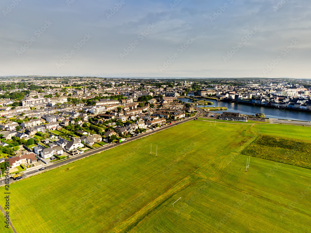 South park, Aerial view, sunny warm day, cloudy sky, Galway city, Claddagh, Ireland.