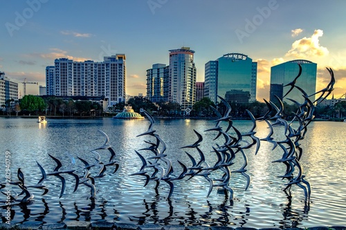 Canvas Print skyline reflection of birds inflight