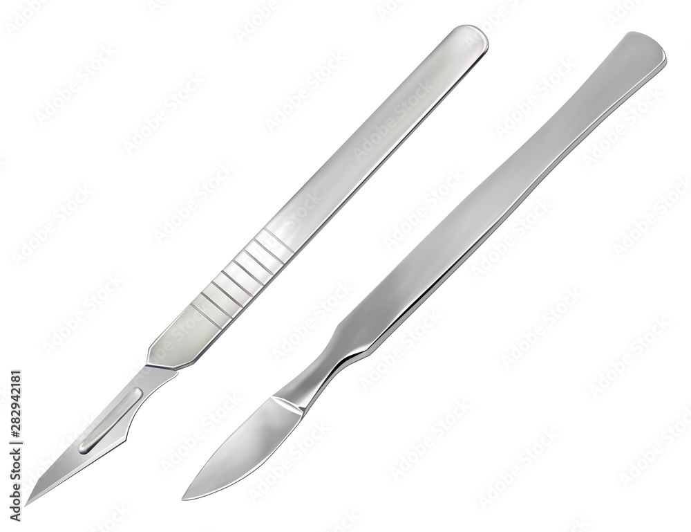 Reusable all-metal scalpel and delicate pointed scalpel with removable blade. Manual surgical instrument. Realistic objects on a white background. Vector Reusable all-metal scalpel and delicate pointed scalpel with removable blade. Manual surgical instrument. Realistic objects on a white background. Vector