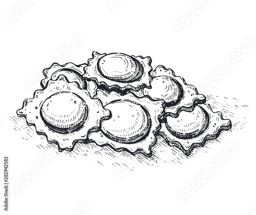 Vector hand drawn ravioli. Dishes of Italian cuisine. Detailed retro style Illustration. Vintage sketch element for labels, packaging and cards design. Group of raw ravioli pasta. 