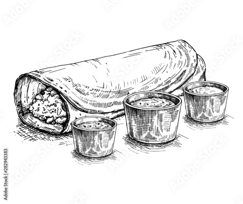 Masala Dosa. Traditional indian dish. Vector hand drawn illustration. Sketch style.Pancake served with spicy dips 
