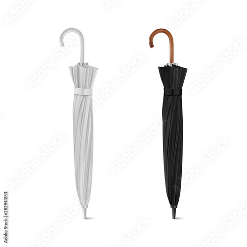 Vector 3d Realistic Render White and Black Blank Umbrella Icon Set Closeup Isolated on White Background. Design Template of Closed Parasols for Mock-up, Branding, Advertise etc. Front View