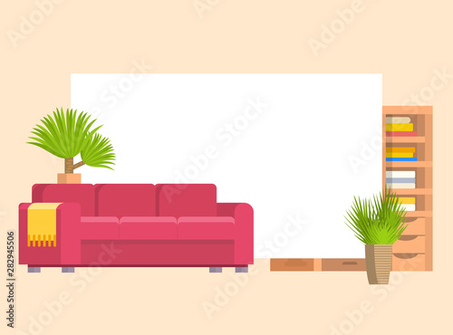 Furniture in living or bedroom objects set with leather sofa and wooden shelf...