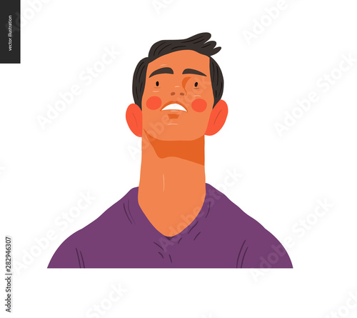 Real people portrait - hand drawn flat style vector design concept illustration of a young brunette man, face and shoulders avatar. Flat style vector icon