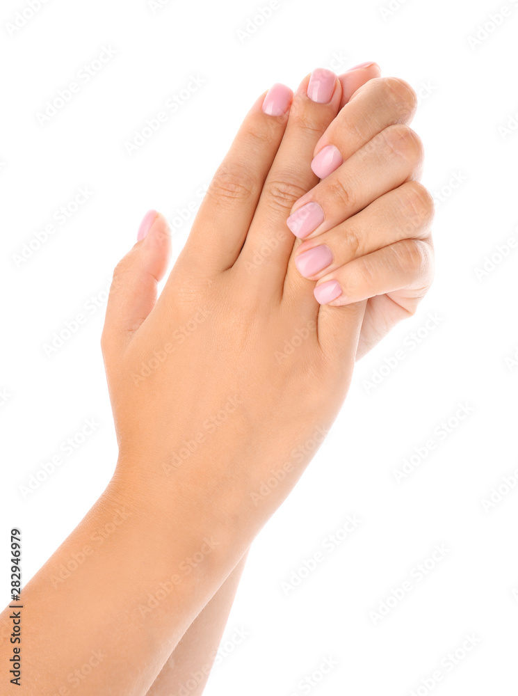 Female hands with beautiful manicure on white background Female hands with beautiful manicure on white background
