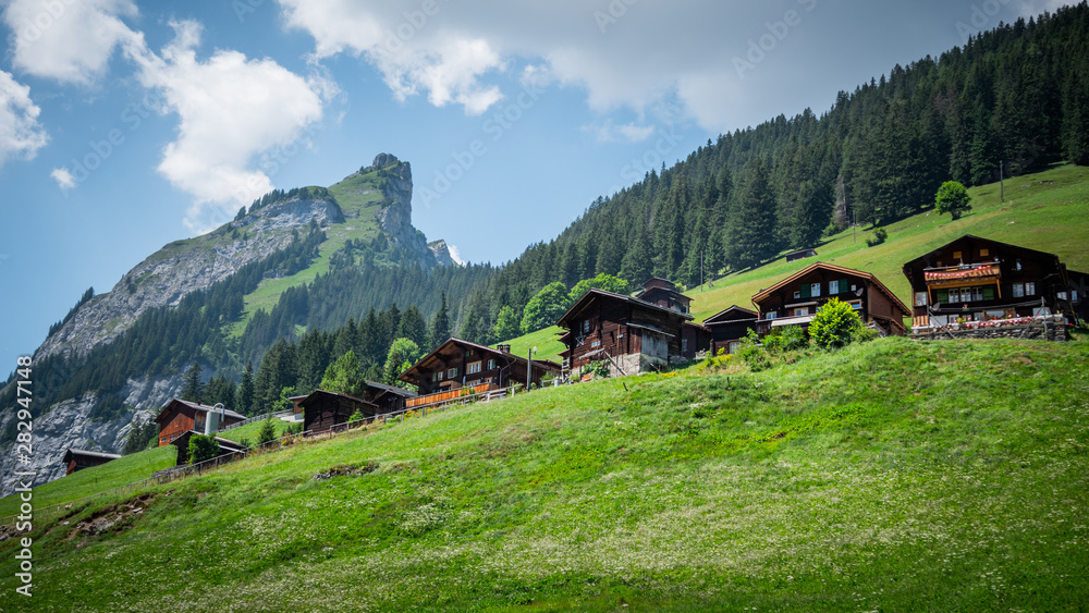 Typical wooden houses at Gimmelwald in the Swiss Alps of Switzerland