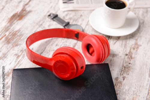Modern headphones, notebook...
