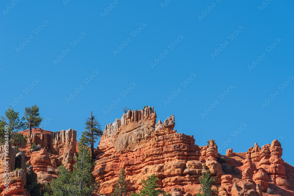 Bryce Canyon National Park at Mossy Cave trail low angle landscape of red hoodoos and rock formations