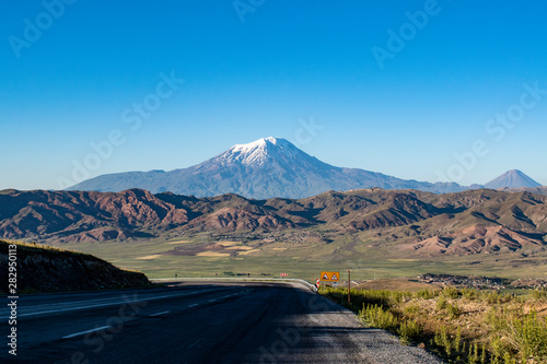 The road from Dogubayazıt to Lake Van: Mount Ararat, Agri Dagi, the highest mountain in the extreme east of Turkey, the resting place of Noah's Ark for Christianity, a snow-capped and dormant volcano