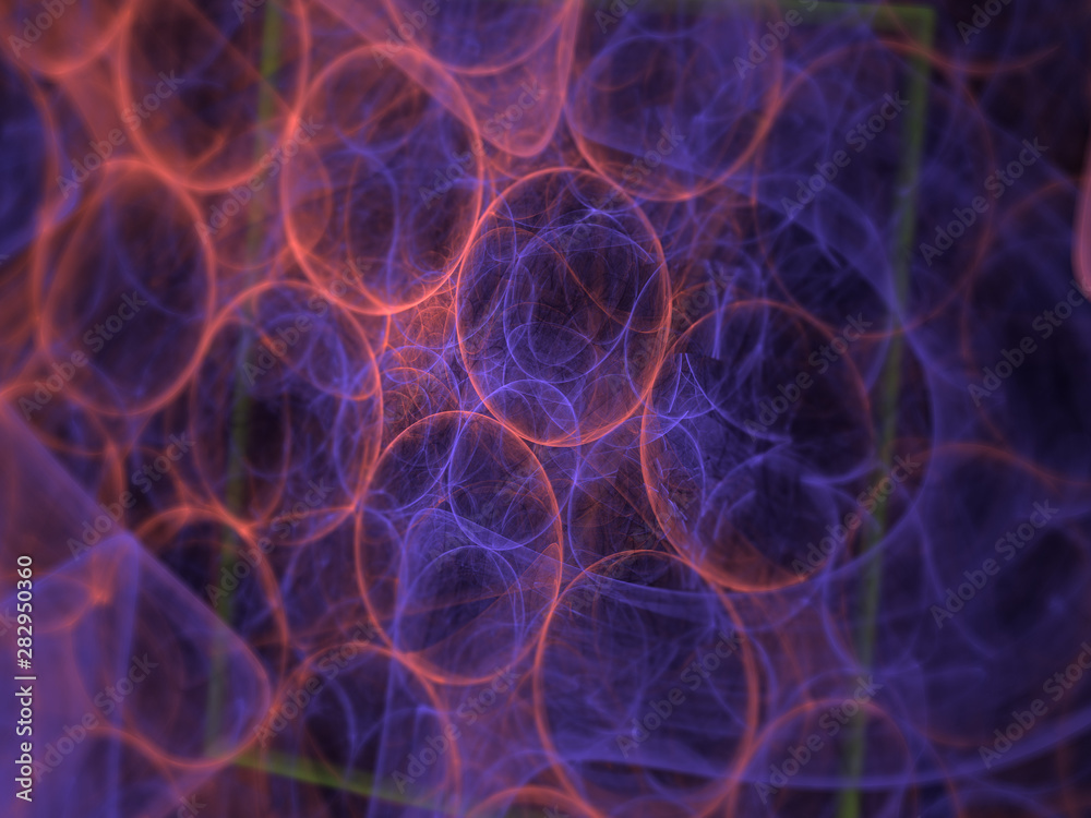 Obraz premium 3D Illustration, Abstract Background Image, Graphic Resource, textures. Glowing array of 3D purple spheres, energy, chaotic plasma Circles, repeating patterns.