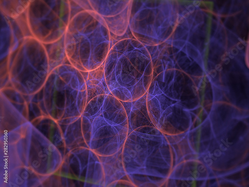 3D Illustration, Abstract Background Image, Graphic Resource, textures. Glowing array of 3D purple spheres, energy, chaotic plasma Circles, repeating patterns.