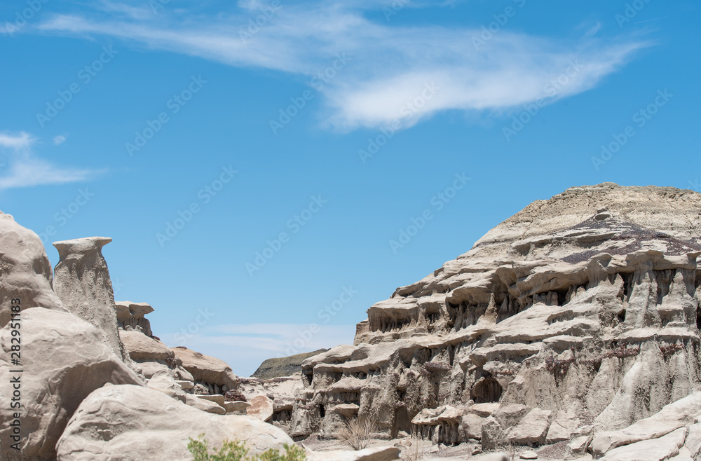 Bisti Badlands low angle landscape of grey hoodoos and rock formations