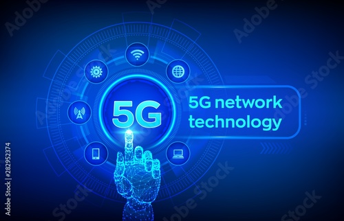 5G network wireless systems and internet of things, Smart city and communication network. 5G wireless mobile internet wifi connection. Robotic hand touching digital interface. Vector illustration.