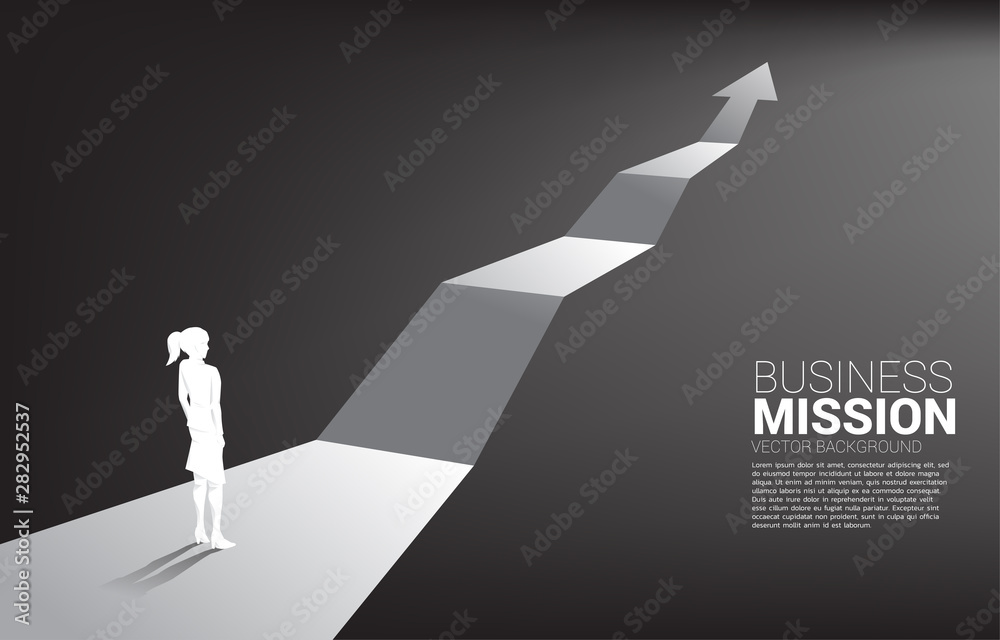 Silhouette of businesswoman standing on growth graph arrow. Concept of career path and start business - obrazy, fototapety, plakaty 