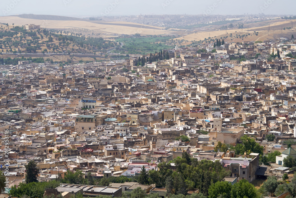 Panoramic aerial view to the old medina of Fez in Morocco.