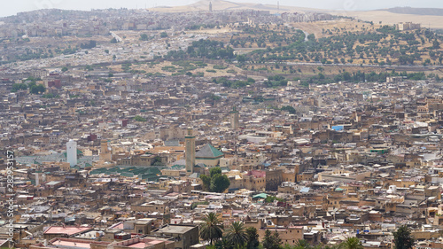 Panoramic aerial view to the old medina of Fez in Morocco.