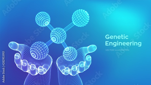 Molecule in hands. Dna, atom, neurons. Molecules and chemical formulas. 3D Scientific molecule background for medicine, science, technology, chemistry, biology. Vector illustration.