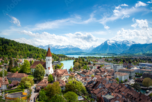 Panorama of Thun city  in the canton of Bern with Alps and Thunersee lake, Switzerland. photo
