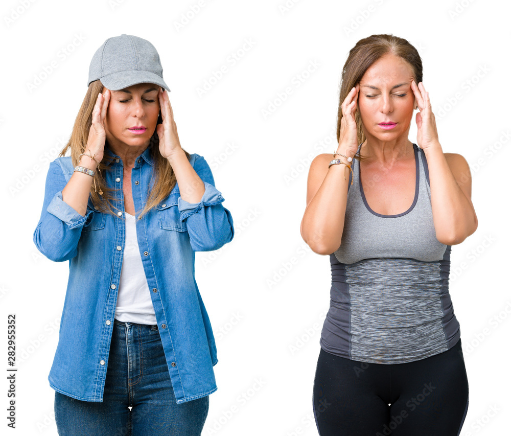 Collage of beautiful middle age woman wearing sport outfit over isolated background with hand on head for pain in head because stress. Suffering migraine.