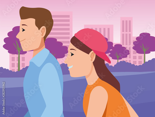 Young couple doing exercise cartoon