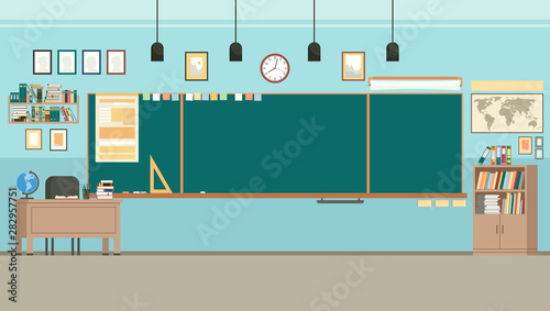 School classroom with chalkboard. Study class with blackboard and teachers desk. Vector photo
