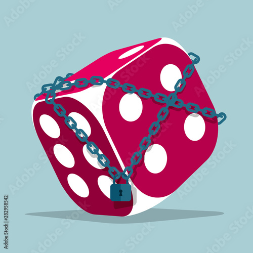 The imprisoned dice. Isolated on blue background.