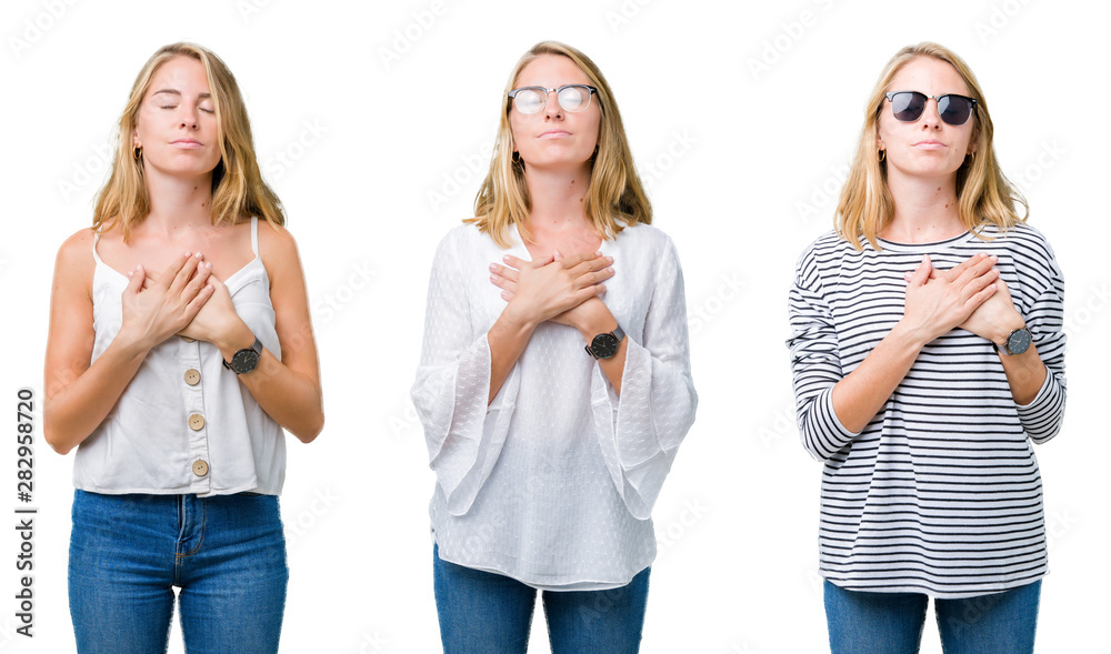 Collage of beautiful blonde woman over white isolated background smiling with hands on chest with closed eyes and grateful gesture on face. Health concept. Collage of beautiful blonde woman over white isolated background smiling with hands on chest with closed eyes and grateful gesture on face. Health concept.