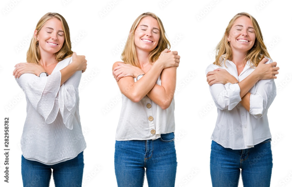 Collage of beautiful blonde woman over white isolated background Hugging oneself happy and positive, smiling confident. Self love and self care Collage of beautiful blonde woman over white isolated background Hugging oneself happy and positive, smiling confident. Self love and self care