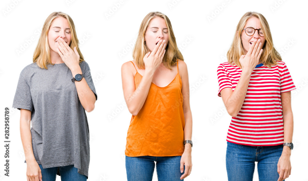 Collage of beautiful blonde woman over white isolated background bored yawning tired covering mouth with hand. Restless and sleepiness. Collage of beautiful blonde woman over white isolated background bored yawning tired covering mouth with hand. Restless and sleepiness.