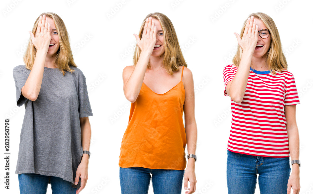 Collage of beautiful blonde woman over white isolated background covering one eye with hand with confident smile on face and surprise emotion. Collage of beautiful blonde woman over white isolated background covering one eye with hand with confident smile on face and surprise emotion.