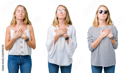 Collage of beautiful blonde woman over white isolated background smiling with hands on chest with closed eyes and grateful gesture on face. Health concept.