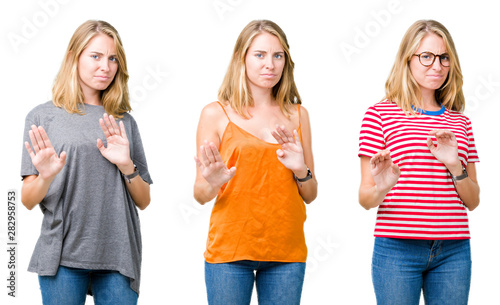 Collage of beautiful blonde woman over white isolated background disgusted expression, displeased and fearful doing disgust face because aversion reaction. With hands raised. Annoying concept.