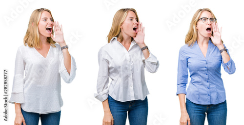 Collage of beautiful blonde business woman over white isolated background shouting and screaming loud to side with hand on mouth. Communication concept.